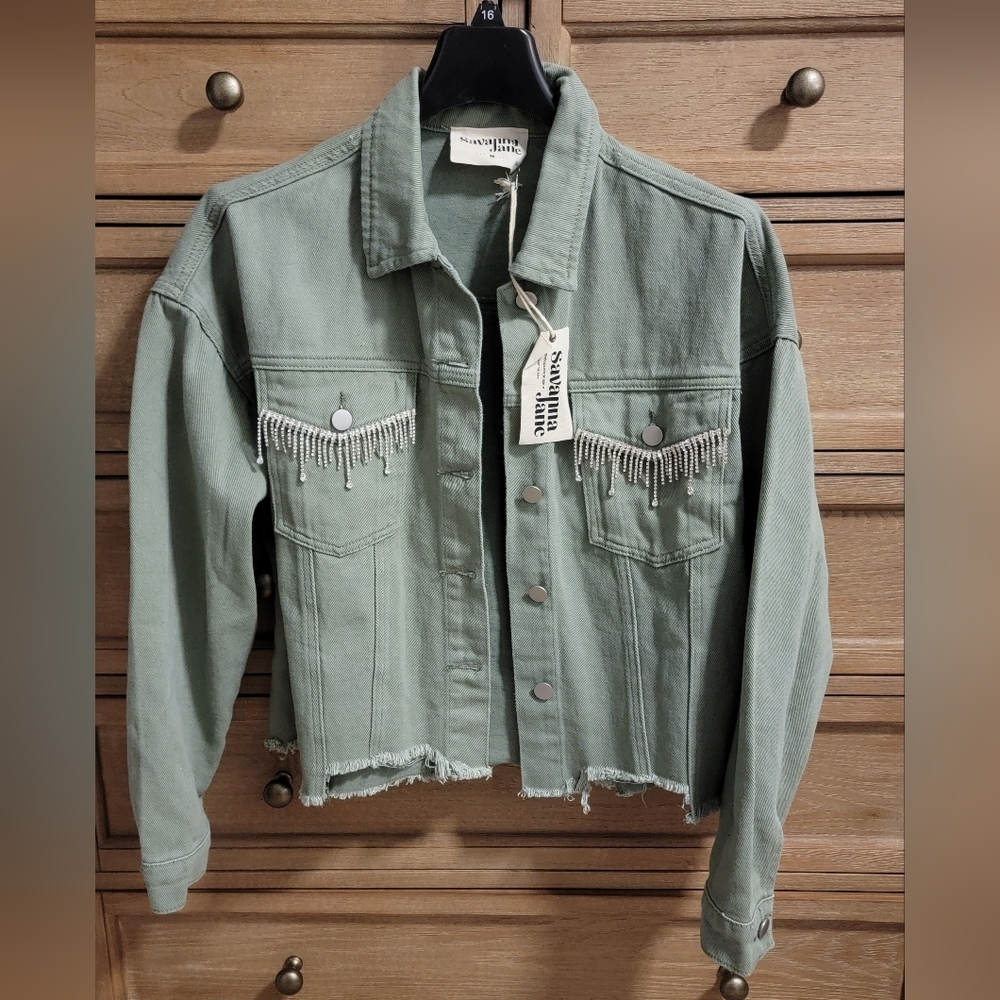 NWT Savanna Jane Light Green Jean Jacket w/ Rhinestone details
